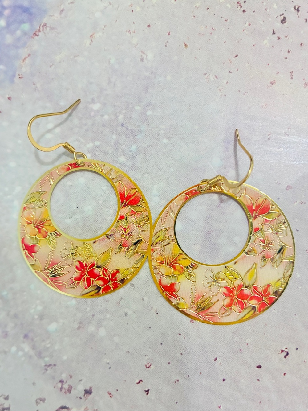 Pink flowers kimono pattern copper round earrings, mid century modern style